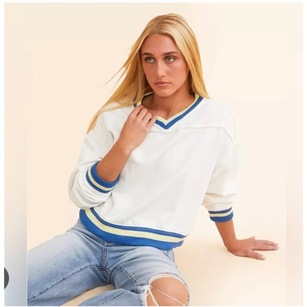 Free People Rio Sweatshirt Womens XS White Blue V Neck Varsity Cropped Pullover